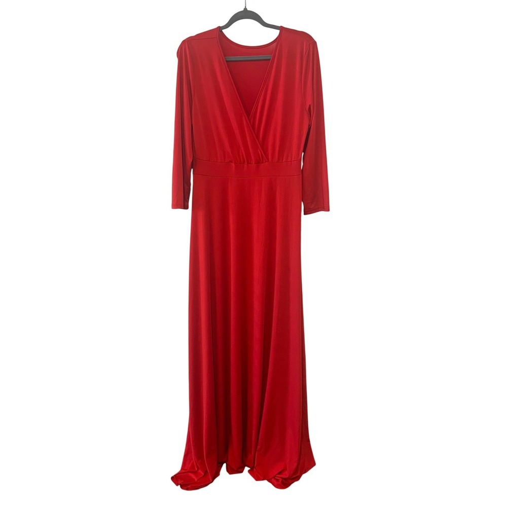 Red V-Neck Faux Wrap Long Sleeve Formal Evening Gown Cotton Blend (1134)